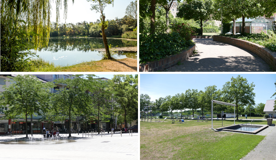Vier Bilder mit See, Wasserspielplatz, Baumallee und Kneipp-Anlage