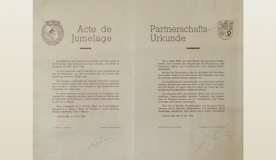 Die Urkunde, auf der die damaligen Bürgermeister 1966 die Partnerschaft besiegelten. 