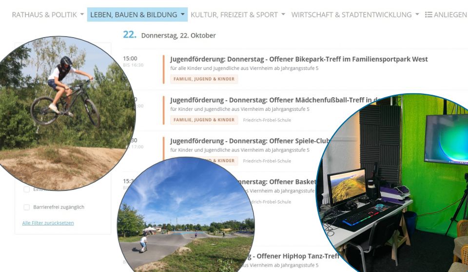 ollage zur Jugendförderung vor einem Veranstaltungskalender der Stadt Viernheim. Drei runde Fotos zeigen einen Jugendlichen beim Sprung mit einem Mountainbike, einen Skate- und Bikepark sowie einen Raum mit Computer- und Gaming-Ausstattung.