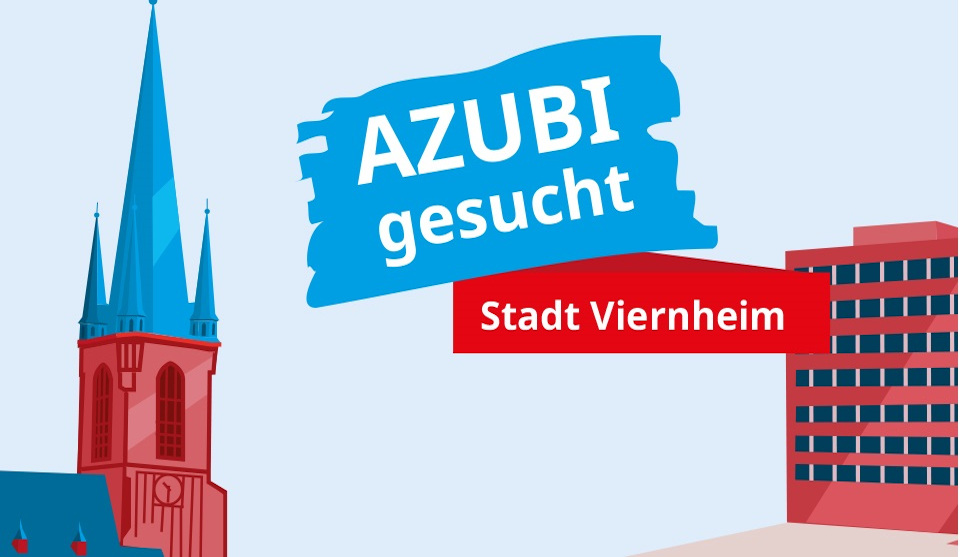 Kirchturm und Gebäude mit Schrift Azubi gesucht Stadt Viernheim