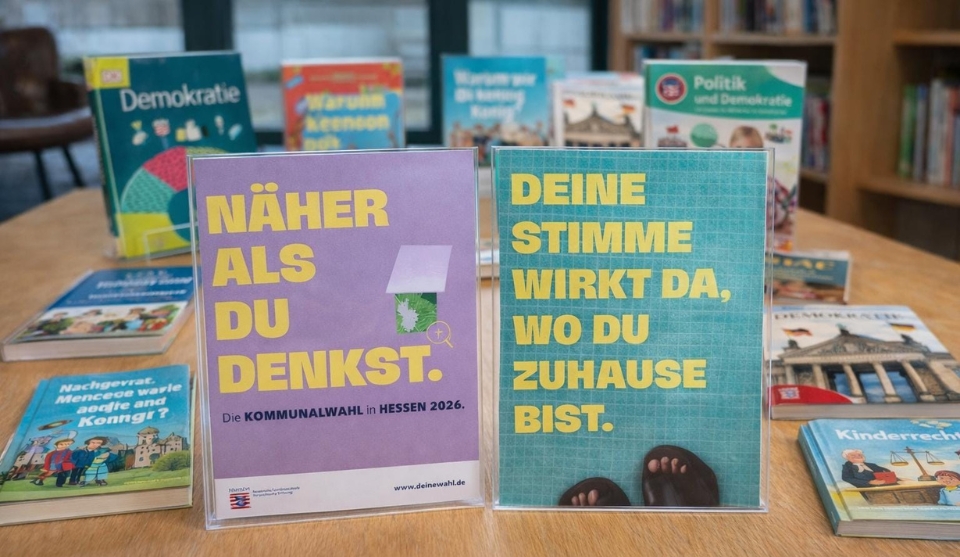 Ein thematischer Büchertisch in der Stadtbibliothek informiert mit Büchern und Broschüren über Demokratie, Mitbestimmung und die Kommunalwahlen in Hessen.