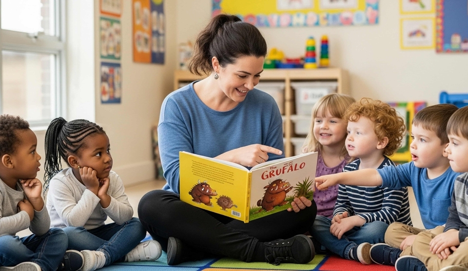 Frau ließt Kindern am Boden ein Buch vor.