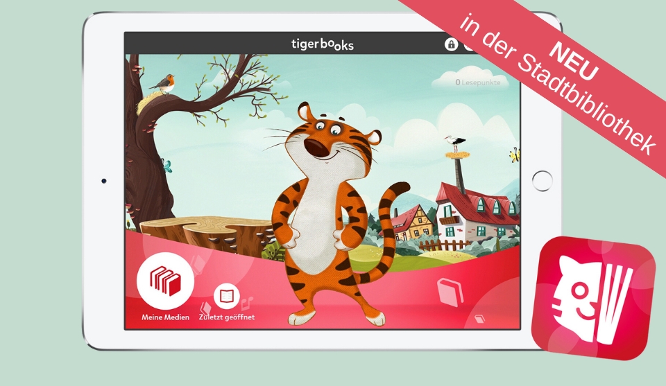 Tablet mit einem Tiger spielerisch für Kinder dargestellt
