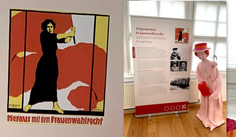 Pappmaché Figur Frau und Plakat