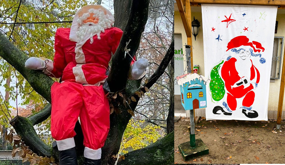 Weihnachtsmann sitzt auf einem Baum und Briefkasten Briefe an den Weihnachtsmann 