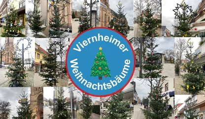 Bildcollage mit vielen kleinen Bildern von geschmückten Weihnachtsbäumen