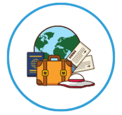 Erde, Koffer, Hut und Reiseunterlagen