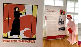 Pappmaché Figur Frau und Plakat