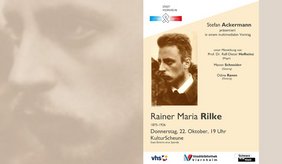 Veranstaltungsplakat der Stadt Viernheim zu einem multimedialen Vortrag über den Dichter Rainer Maria Rilke (1875–1926). Das beige gestaltete Plakat zeigt ein historisches Porträt Rilkes. Stefan Ackermann präsentiert den Vortrag am Donnerstag, 22. Oktober, um 19 Uhr in der Kulturscheune. Musikalische Begleitung mit Flügel und Gesang. Statt Eintritt wird um eine Spende gebeten.