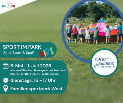 Sport im Park Kids ©Daniel Balzer Kinder stehen im Kreis und halten großes Schwungtuch in den Händen