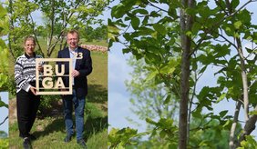 Bürgermeister Matthias Baaß bei der Übergabe des Partnerschaftsbaumes für die Stadt Viernheim als 1. Partnerkommune durch Kirsten Batzler von der BUGA 23 ©BUGA23 Kirsten Batzler und Matthias Baaß