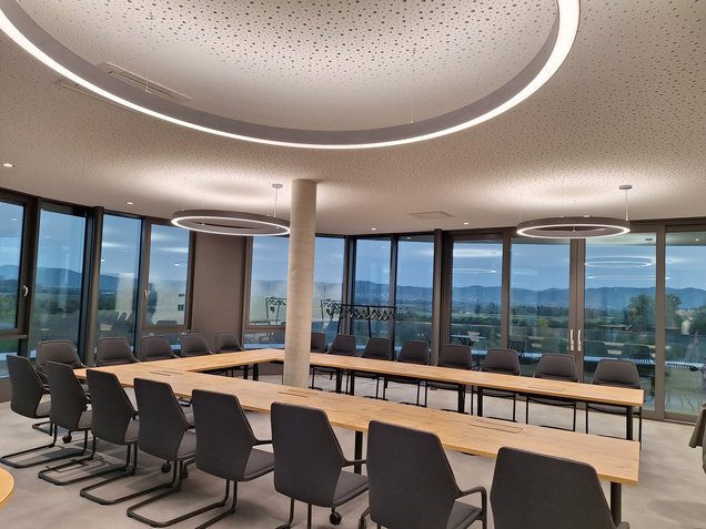 Ovaler Raum mit Fensterfront und Besprechungstisch