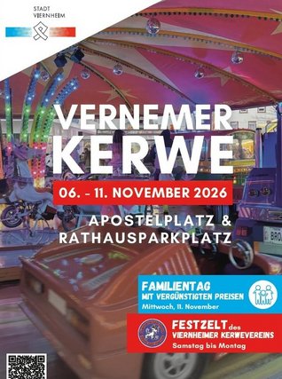 Veranstaltungsplakat der Stadt Viernheim zur „Vernemer Kerwe“ vom 6. bis 11. November 2026 auf dem Apostelplatz und dem Rathausparkplatz. Im Hintergrund ist ein bunt beleuchtetes Kinderkarussell mit Fahrzeugen unter einem pinkfarbenen Dach zu sehen. Darüber stehen in großen weißen Buchstaben „VERNEMER KERWE“ und auf rotem Hintergrund das Veranstaltungsdatum. Unten wird auf den Familientag mit vergünstigten Preisen am Mittwoch, 11. November, sowie auf das Festzelt des Viernheimer Kerwevereins von Samstag bis Montag hingewiesen. Oben links befindet sich das Logo der Stadt Viernheim, unten links ein QR-Code.