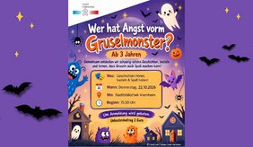 Bunt gestaltetes Veranstaltungsplakat der Stadtbibliothek Viernheim mit dem Titel „Wer hat Angst vorm Gruselmonster?“. Auf lila Hintergrund sind freundliche Monster, Gespenster, Fledermäuse und Kürbisse abgebildet. Die Veranstaltung für Kinder ab drei Jahren findet am Donnerstag, 22. Oktober 2026, um 15:30 Uhr statt. Auf dem Programm stehen Gruselgeschichten, Basteln und Spielen. Eine Anmeldung wird erbeten, der Kostenbeitrag beträgt zwei Euro.