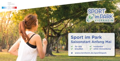 Joggerin von hinten und Schrift Sport im Park Saisonstart Anfang Mai