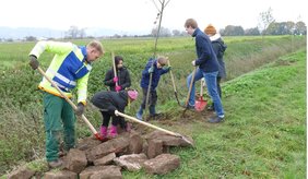 Kinder und Jugendliche die an einem Graben Bäume pflanzen