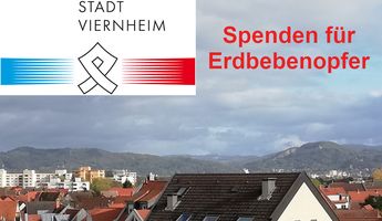 Logo der Stadt Viernheim mit Hintergrundbild Dächer und Bergstraße
