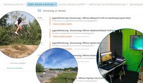 ollage zur Jugendförderung vor einem Veranstaltungskalender der Stadt Viernheim. Drei runde Fotos zeigen einen Jugendlichen beim Sprung mit einem Mountainbike, einen Skate- und Bikepark sowie einen Raum mit Computer- und Gaming-Ausstattung.