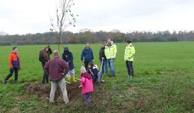 Kinder und Jugendliche die an einem Graben Bäume pflanzen