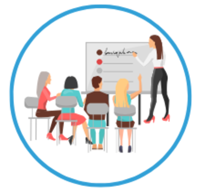 Gruppe sitzend und Dozentin steht an Schautafel