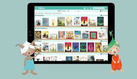 Bild zur App mit den Hauptfiguren und einem Tablet.