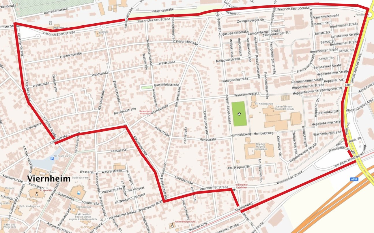 Übersichtskarte: Nächster Abschnitt der Kampagne: Viertes Quartier zwischen Lorscher Straße und L3111