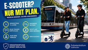 Informationsplakat des Polizeipräsidiums Südhessen zur sicheren Nutzung von E-Scootern. Links steht auf blauem Hintergrund die Überschrift „E-Scooter? Nur mit Plan.“ Darunter werden sechs Regeln mit Symbolen dargestellt: Mindestalter 14 Jahre, Radwege nutzen, Helm tragen empfohlen, nicht auf dem Gehweg fahren, nur eine Person und kein Alkohol. Rechts sind eine junge Frau und ein junger Mann mit Helmen auf E-Scootern zu sehen. Im Hintergrund fährt eine Straßenbahn mit der Zielanzeige „Hbf Darmstadt“. Am unteren Rand steht der Slogan „Verantwortung kennt kein Alter.“ Daneben befindet sich das Logo des Polizeipräsidiums Südhessen.