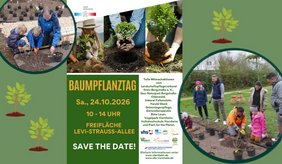 Veranstaltungsplakat der Stadt Viernheim zum Baumpflanztag am Samstag, 24. Oktober 2026, von 10 bis 14 Uhr auf der Freifläche an der Levi-Strauss-Allee. Mehrere Fotos zeigen Erwachsene und Kinder beim Pflanzen von Bäumen und Sträuchern. Auf grünem Hintergrund sind stilisierte Bäume abgebildet. Verschiedene Vereine und Organisationen beteiligen sich an der Pflanzaktion.