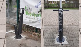 Alles da für die schnelle Pannenhilfe: Die neuen Fahrrad-Reparaturstationen vor dem Familiensportpark West und Vogelpark ©Stadt Viernheim Zwei Reparaturstationen