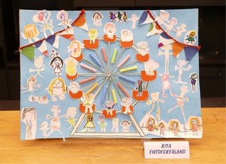 Bunt gestaltetes Kinderplakat der Kita Entdeckerland zur „Vernemer Kerwe“. Im Mittelpunkt steht ein großes Riesenrad mit orangefarbenen Gondeln, die mit selbst gemalten und ausgeschnittenen Kinderfiguren besetzt sind. Zahlreiche weitere fantasievolle Figuren sind rund um das Riesenrad auf hellblauem Hintergrund angeordnet. Zwei bunte Wimpelketten aus Stoff schmücken den oberen Bereich. Das Riesenrad ist mit farbigen Papierstreifen und dreidimensionalen Elementen gestaltet. Das Plakat steht auf einem Holztisch. Rechts unten befindet sich ein Schild mit der Aufschrift „KITA ENTDECKERLAND“.
